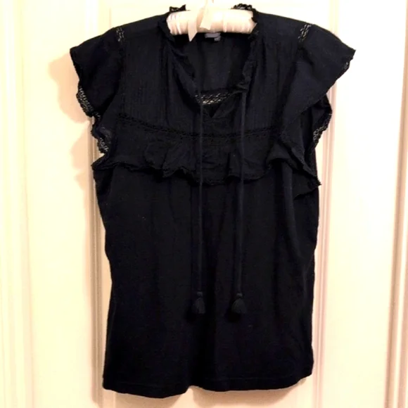 Anthropologie {LAST CHANCE!} 100% Cotton Black Ruffled Cap Sleeve Blouse - Picture 1 of 8